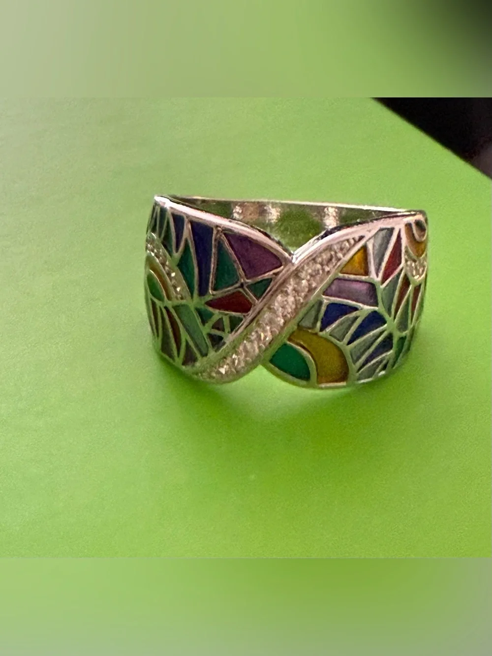 Sterling Silver Multicolor Enamel Mosaic Ring with CZ Accents - size 9 *NEW